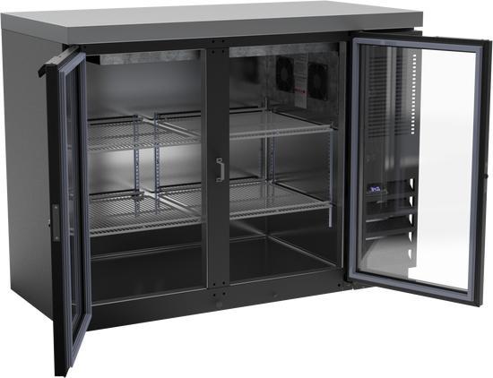 BB48HC-1-FG-B-27 | 48" Glass Doors Food Rated Back Bar in Black with SS Top