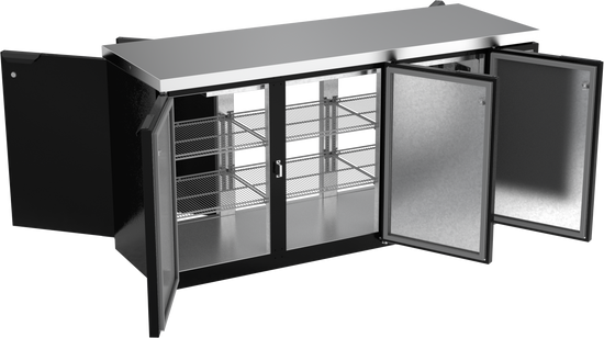 BB72HC-1-F-PT-B-27 | 72" Solid Doors Food Rated Pass-thru Back Bar in Black with SS Top