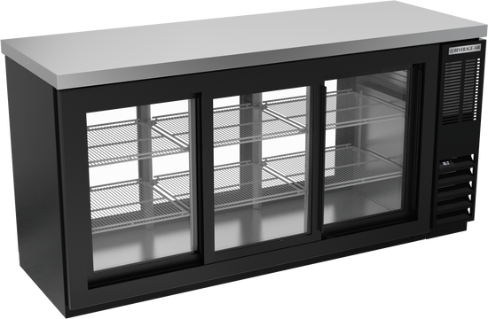 BB72HC-1-GS-F-PT-B-27 | 72" Sliding Glass Doors Food Rated Pass-thru Back Bar in Black with SS Top