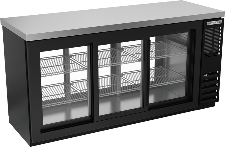 BB72HC-1-GS-F-PT-B-27 | 72" Sliding Glass Doors Food Rated Pass-thru Back Bar in Black with SS Top