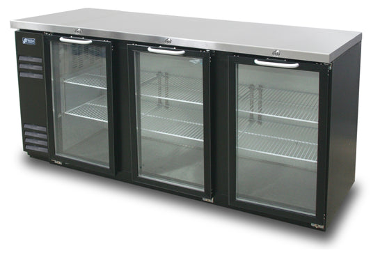 3 Glass Doors Narrow Back Bar Cooler,  Black Finish Exterior, 72-1/4" W x 24"D   