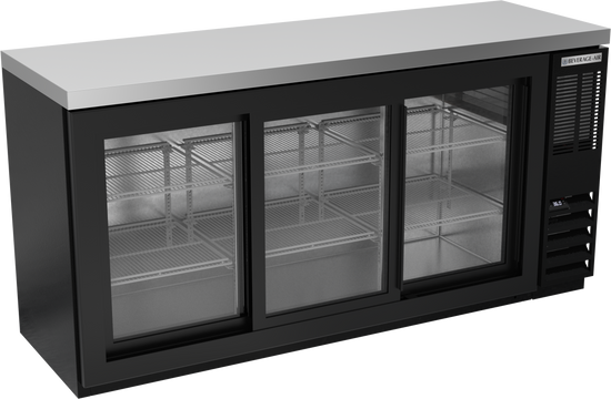 BB72HC-1-F-GS-B-27 | 72" Sliding Glass Doors Food Rated Back Bar in Black with SS Top