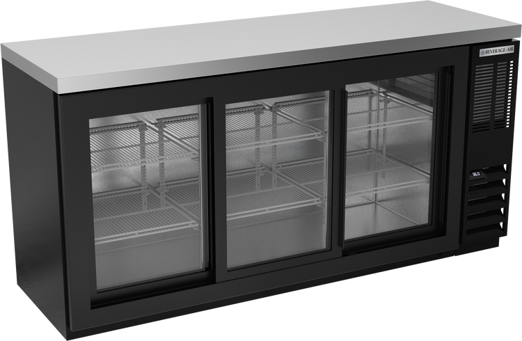 BB72HC-1-F-GS-B-27 | 72" Sliding Glass Doors Food Rated Back Bar in Black with SS Top