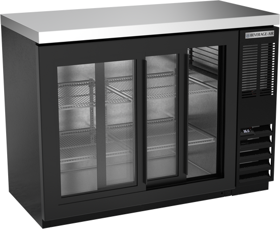 BB48HC-1-F-GS-B-27 | 48" Sliding Glass Doors Food Rated Back Bar in Black with SS Top