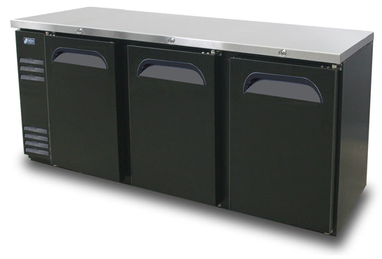 3 Doors Narrow Back Bar Cooler,  Black Finish Exterior, 72-1/4" W x 24"D   