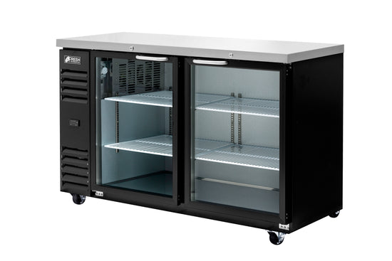 2 Glass Doors Narrow Back Bar Cooler,  Black Finish Exterior, 60-1/4" W x 24" D   